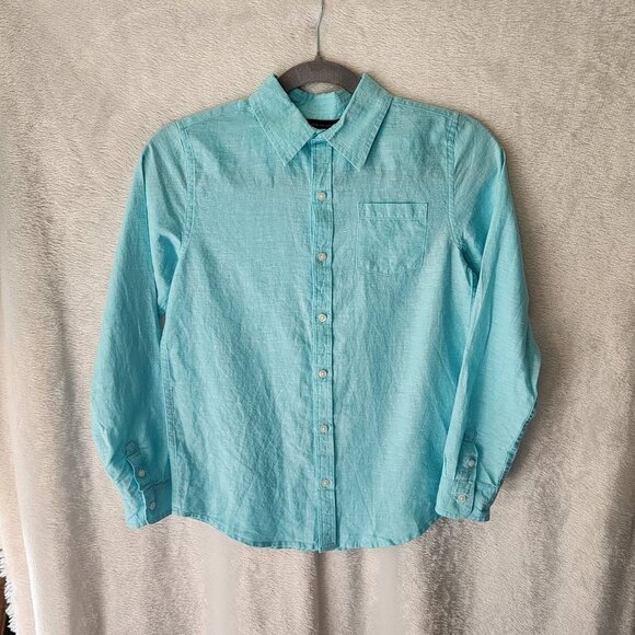 Janie and Jack boy 10 long sleeve button down linen / cotton shirt aqua blue - Picture 1 of 11